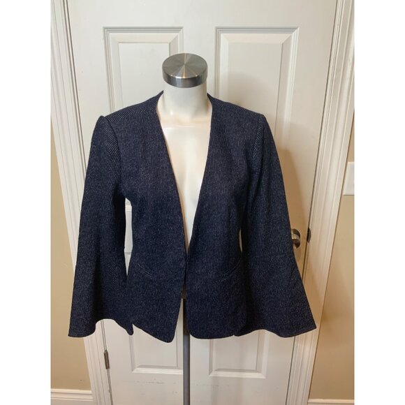 Cartonnier Navy Blue White Pinstripe Wool Blend Jacket W/Trumpet Sleeves Size 14 - Picture 1 of 5